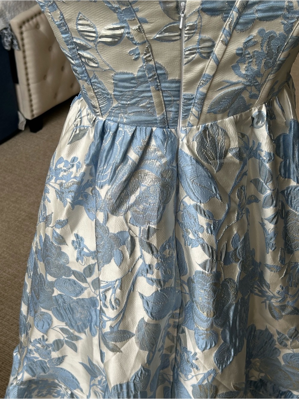 Women’s Blue Floral Strapless Gown Blue, white and silver size small - Picture 6 of 9